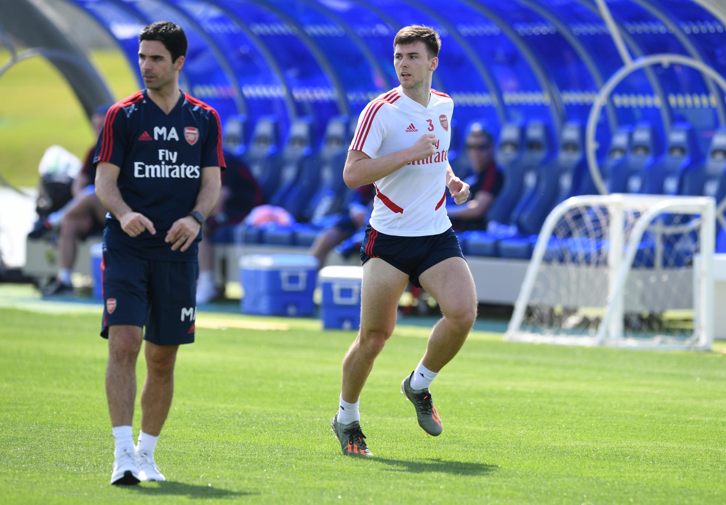 Kieran Tierney in full training with Arsenal and Mikel Arteta after shoulder injury